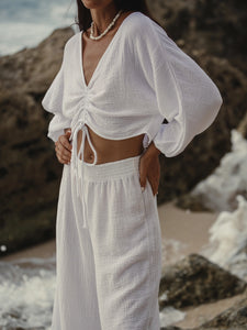 Gaia Drawstring Crop Top - White - H+E Goods Company