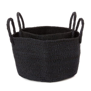 Front view of the stacked black Sisal floor baskets - H+E Goods Company