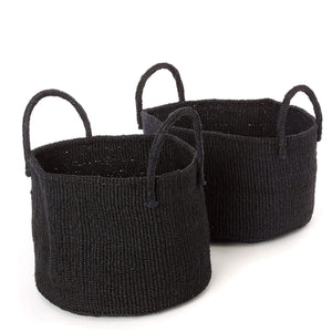 Front view of two black sisal baskets - H+E Goods Company